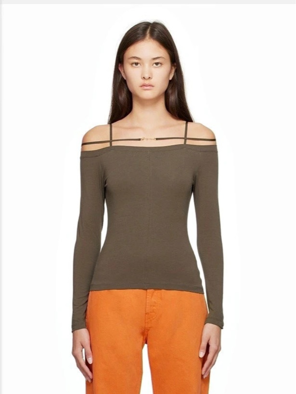 Jacquemus Sierra Long-Sleeve Off-Shoulder Top in Brown